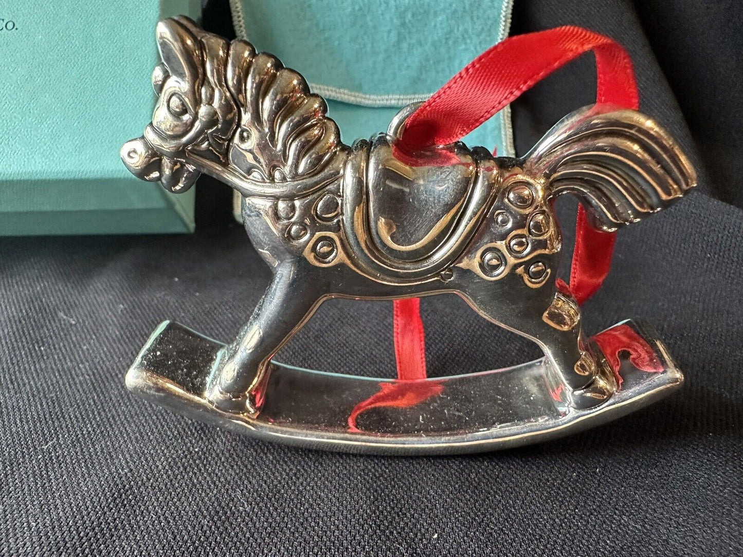 Tiffany & Co 1992 Sterling Silver Rocking Horse Christmas Ornament Box, Pouch