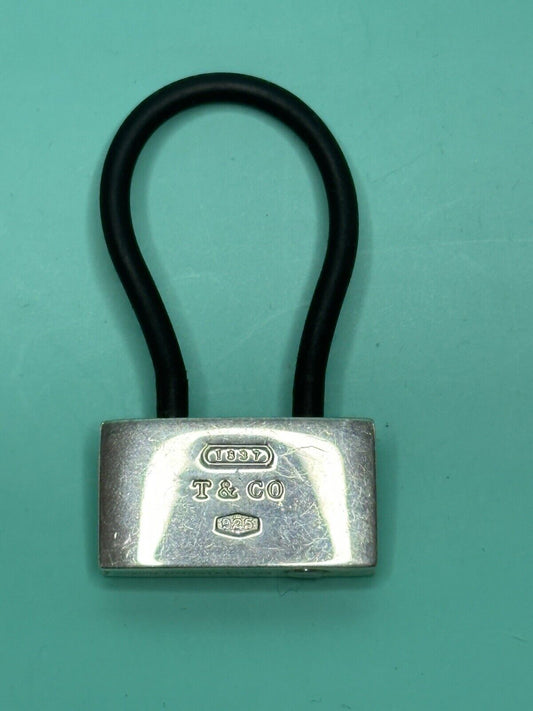 Rare Tiffany & Co Sterling Silver 1837 Padlock Black Rubber Key Ring Chain