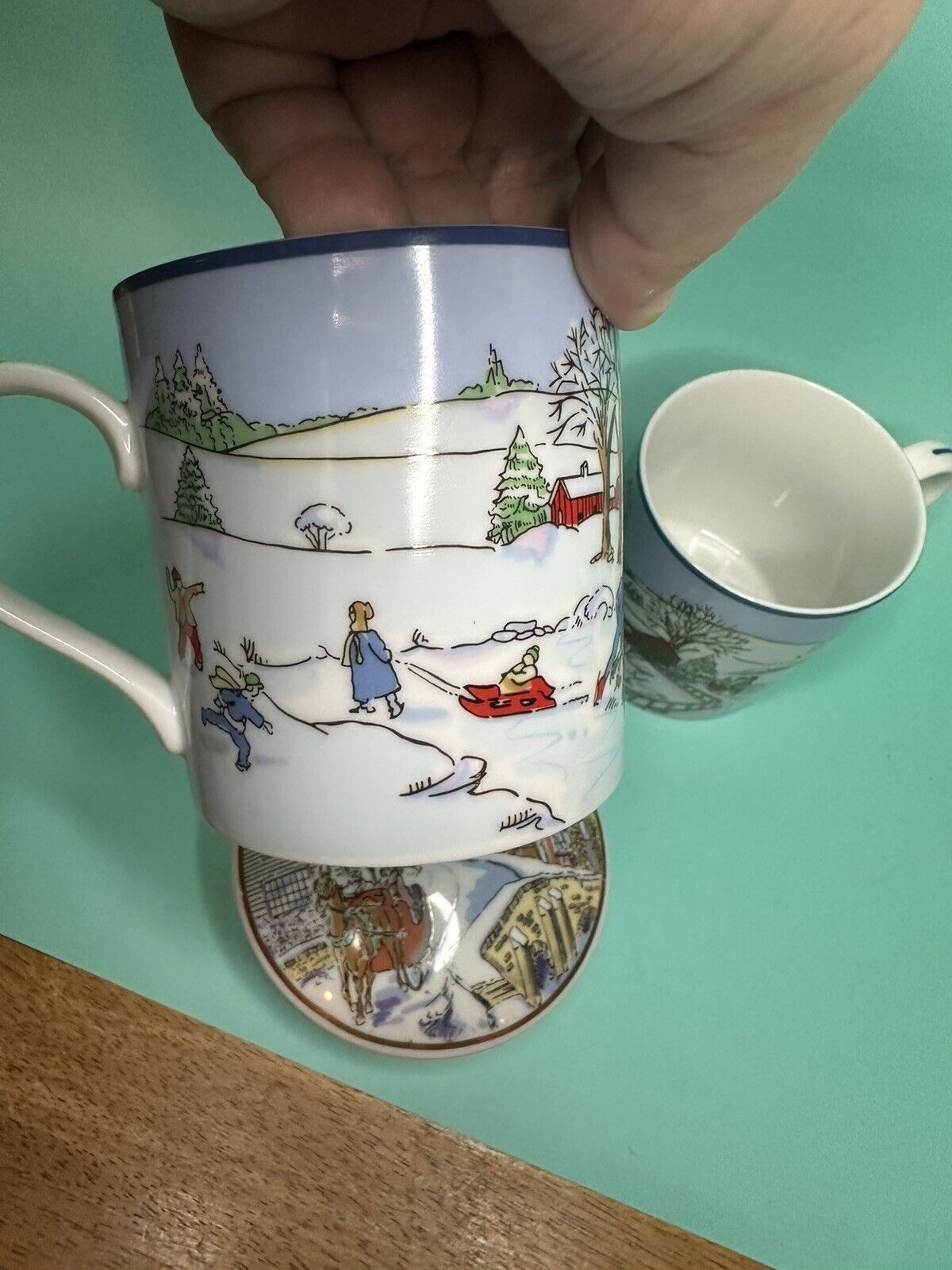 Tiffany & Co For CVS 1992 Winter Scene Glass Mugs And Matching Trinket Box