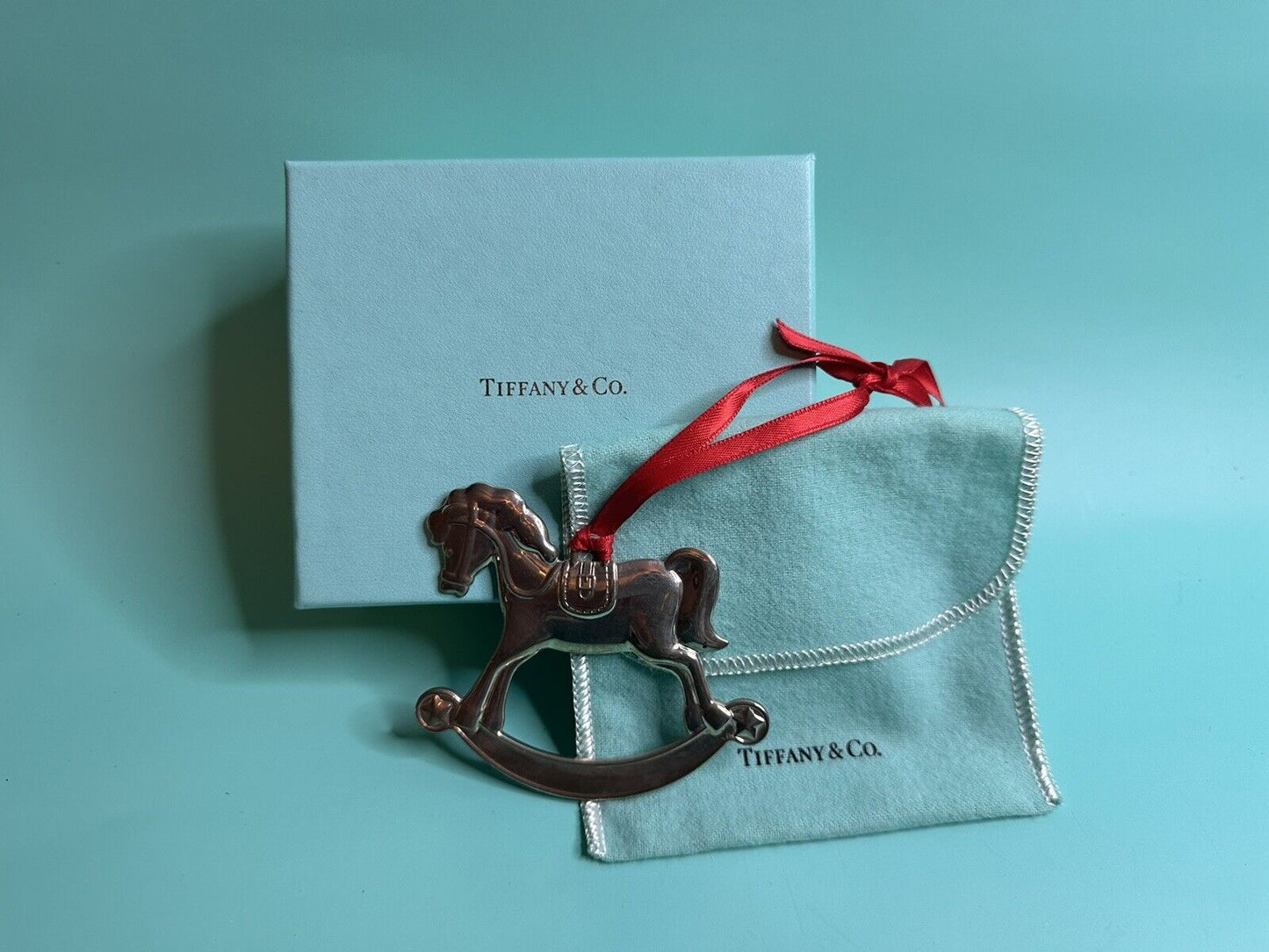 Tiffany & Co Sterling Silver Rocking Horse Christmas Ornament Box, Pouch