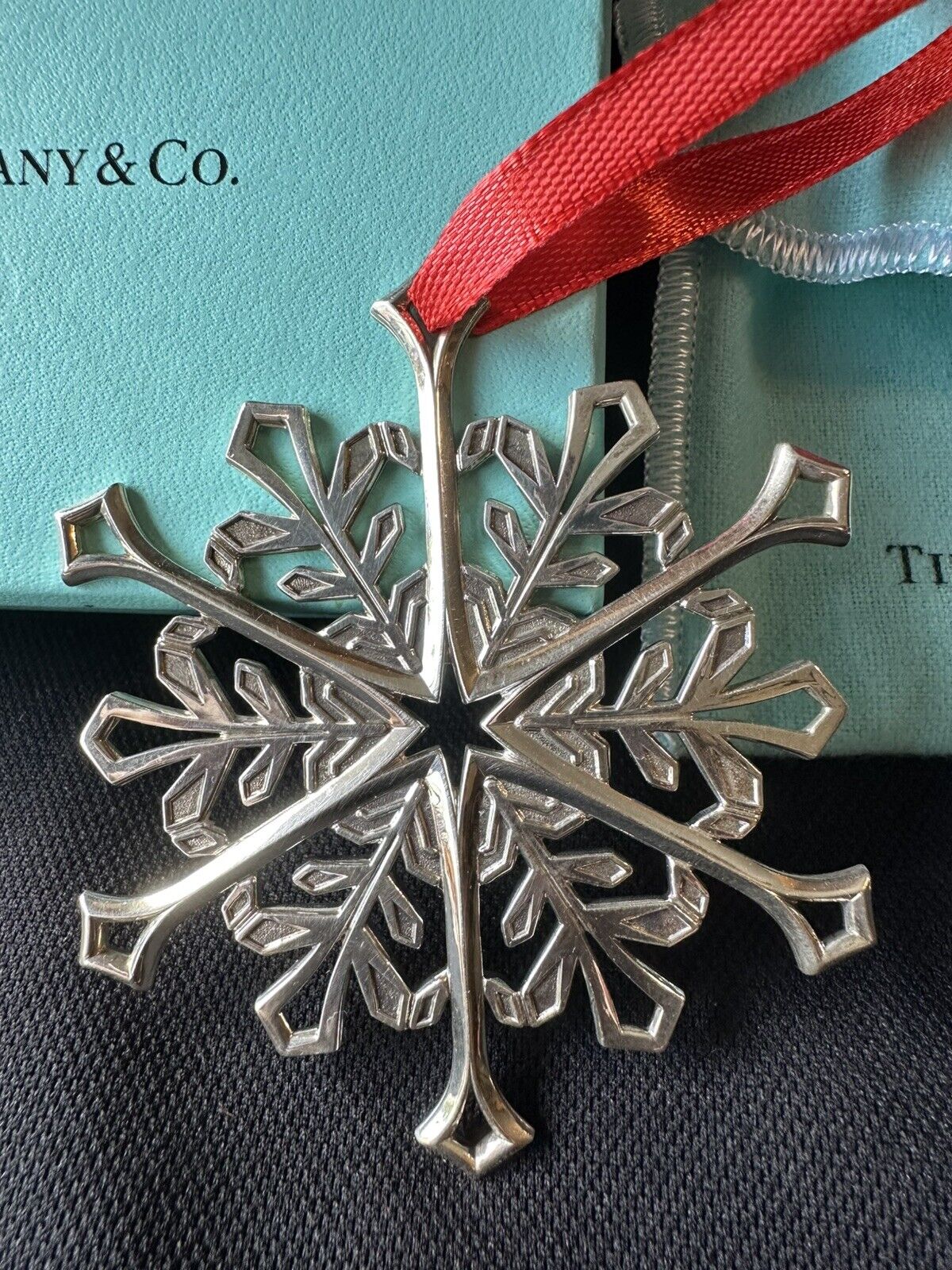 Tiffany & Co. 2001 Sterling Silver Snowflake Christmas Ornament With Box, Pouch