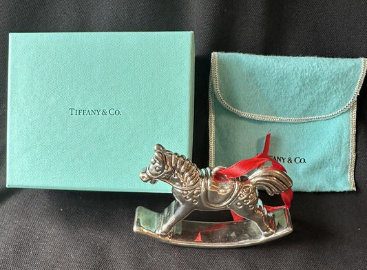 Tiffany & Co 1992 Sterling Silver Rocking Horse Christmas Ornament Box, Pouch