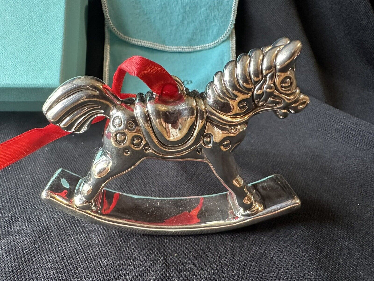 Tiffany & Co 1992 Sterling Silver Rocking Horse Christmas Ornament Box, Pouch