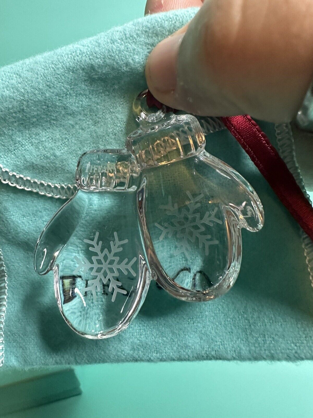 Rare Tiffany & Co Crystal Mittens Christmas Teee Ornament With Box And Pouch