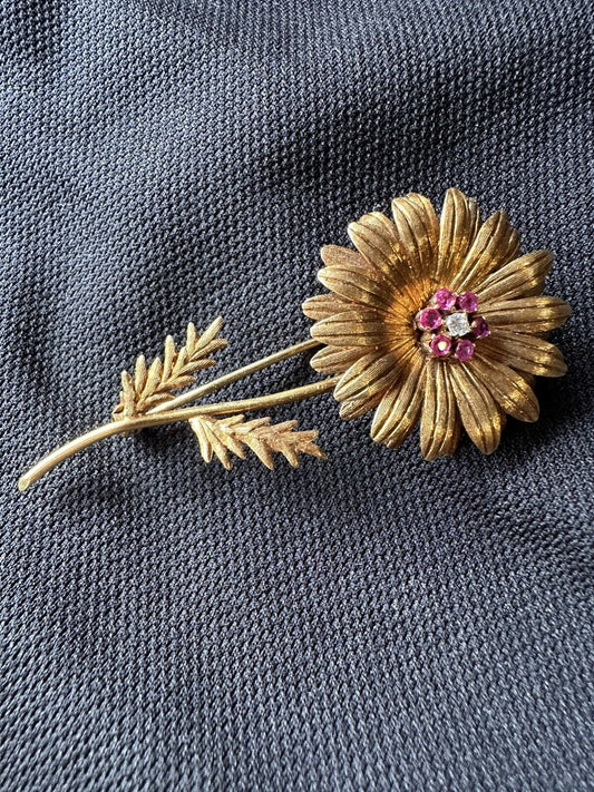 Tiffany & Co 18k Gold Diamond And Ruby Flower Brooch Pin Pendant