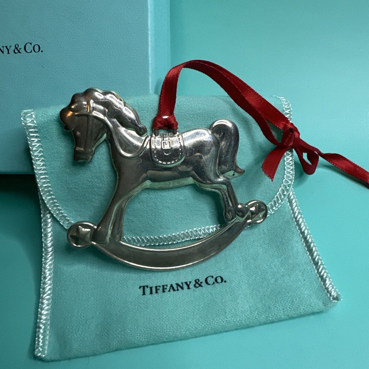 Tiffany & Co Sterling Silver Rocking Horse Christmas Ornament Box, Pouch