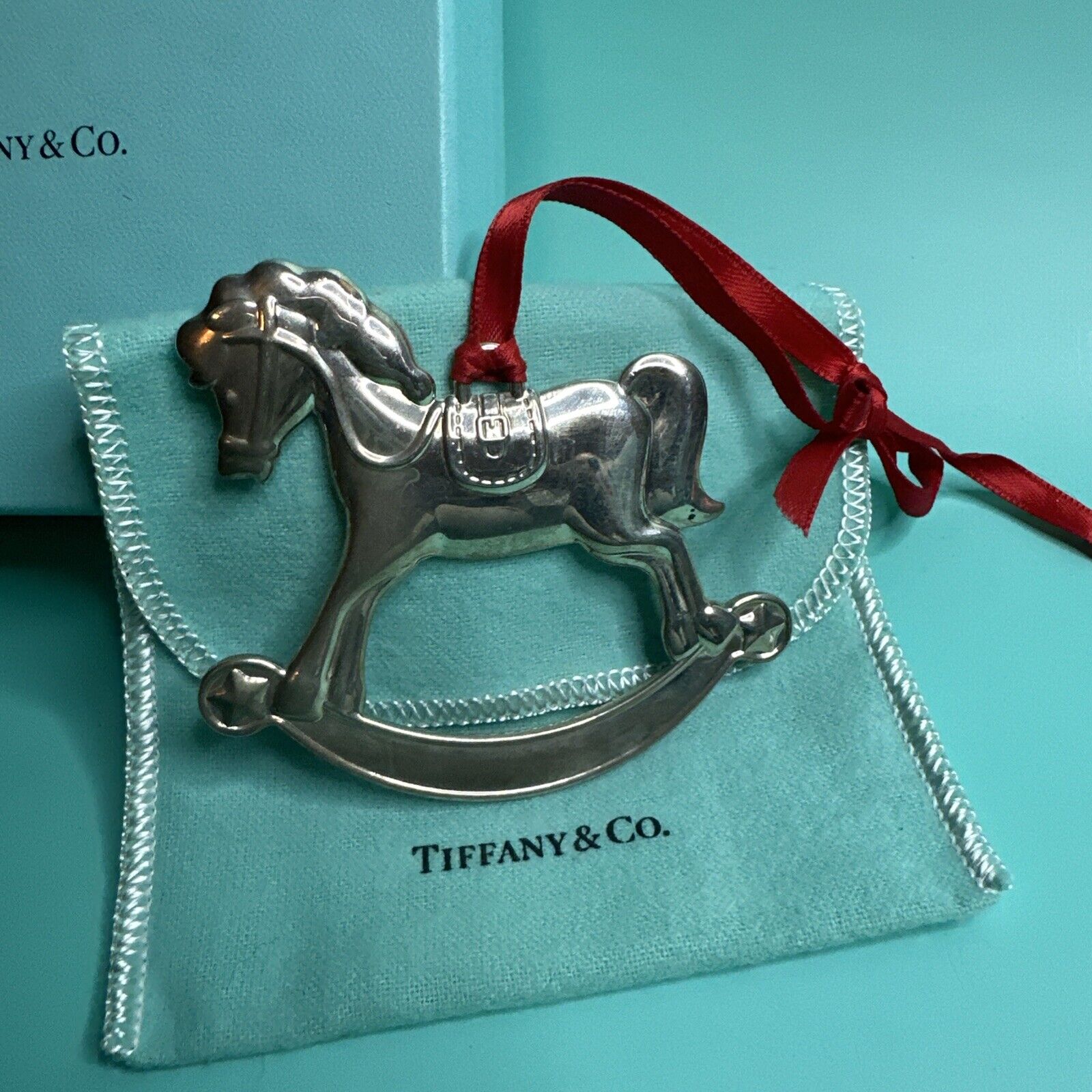 Tiffany & Co Sterling Silver Rocking Horse Christmas Ornament Box, Pouch