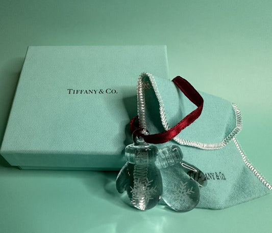 Rare Tiffany & Co Crystal Mittens Christmas Teee Ornament With Box And Pouch